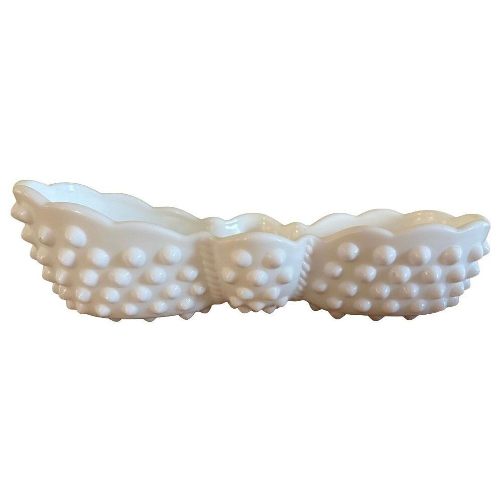 Vintage Fenton Hobnail Milk Glass Spoon Rest Spooner Dish 7" Scalloped Edge